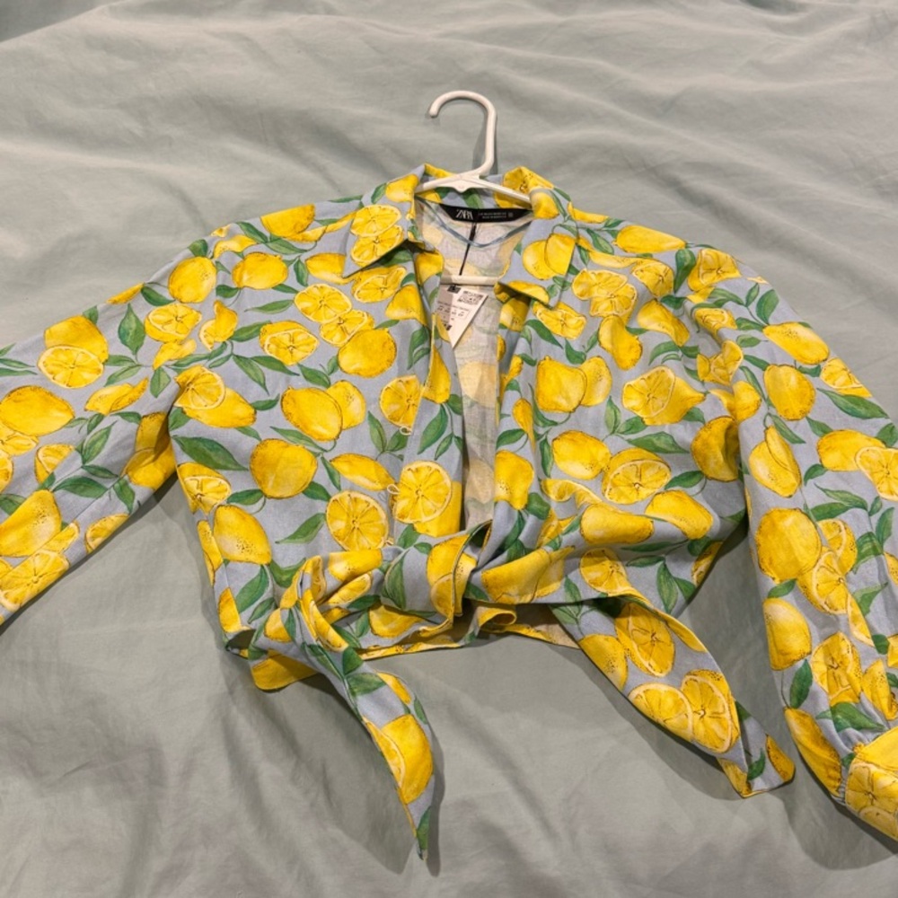 Zara Lemon Print Tie-Front Blouse
